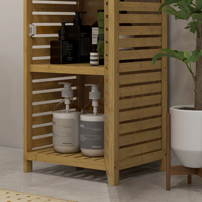 Bathroom Cabinet made of Bamboo, Bathroom Cabinet with Cabinet Compartment, Toilet Cabinet with 3 Open Shelves, Tip-Over Protection, for Bathroom, Natural Wood, 38.5 x 33 x 170 cm