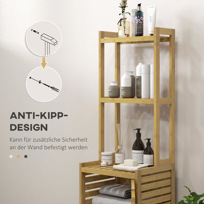 Bathroom Cabinet made of Bamboo, Bathroom Cabinet with Cabinet Compartment, Toilet Cabinet with 3 Open Shelves, Tip-Over Protection, for Bathroom, Natural Wood, 38.5 x 33 x 170 cm