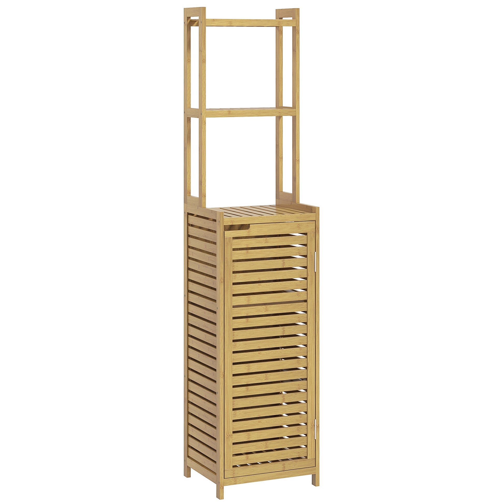 Bathroom Cabinet made of Bamboo, Bathroom Cabinet with Cabinet Compartment, Toilet Cabinet with 3 Open Shelves, Tip-Over Protection, for Bathroom, Natural Wood, 38.5 x 33 x 170 cm