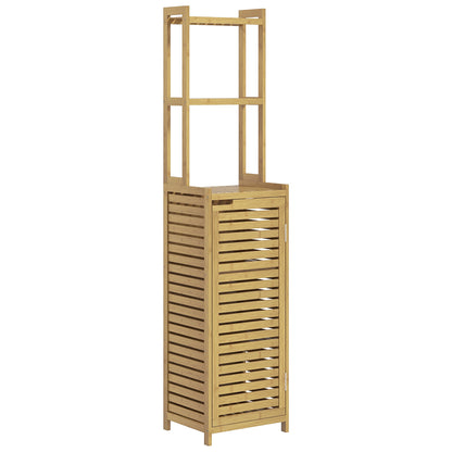 Bathroom Cabinet made of Bamboo, Bathroom Cabinet with Cabinet Compartment, Toilet Cabinet with 3 Open Shelves, Tip-Over Protection, for Bathroom, Natural Wood, 38.5 x 33 x 170 cm