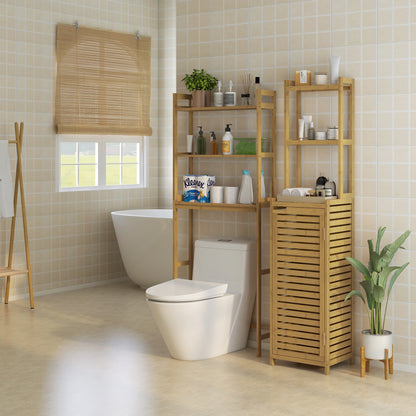 Bathroom Cabinet made of Bamboo, Bathroom Cabinet with Cabinet Compartment, Toilet Cabinet with 3 Open Shelves, Tip-Over Protection, for Bathroom, Natural Wood, 38.5 x 33 x 170 cm