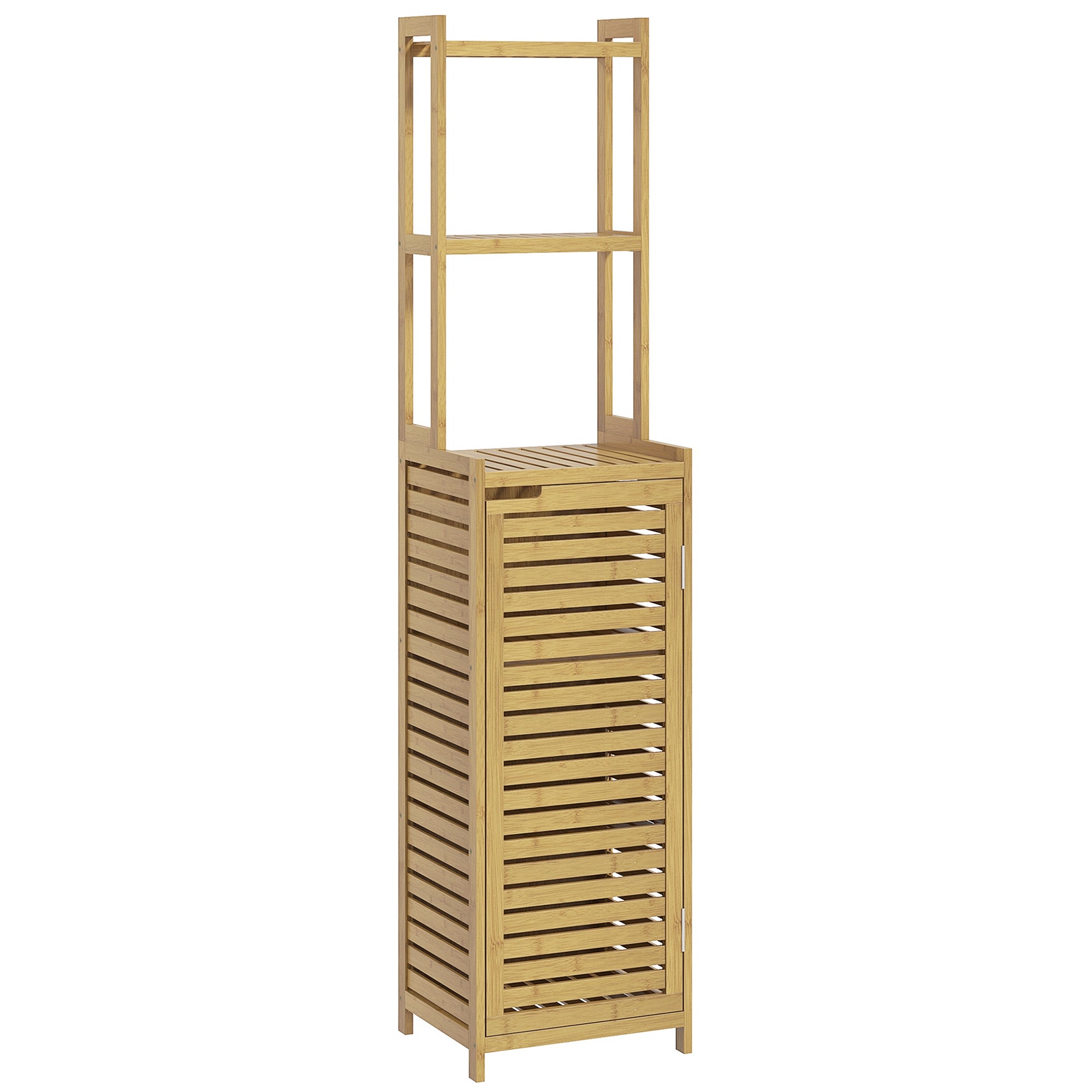Bathroom Cabinet made of Bamboo, Bathroom Cabinet with Cabinet Compartment, Toilet Cabinet with 3 Open Shelves, Tip-Over Protection, for Bathroom, Natural Wood, 38.5 x 33 x 170 cm