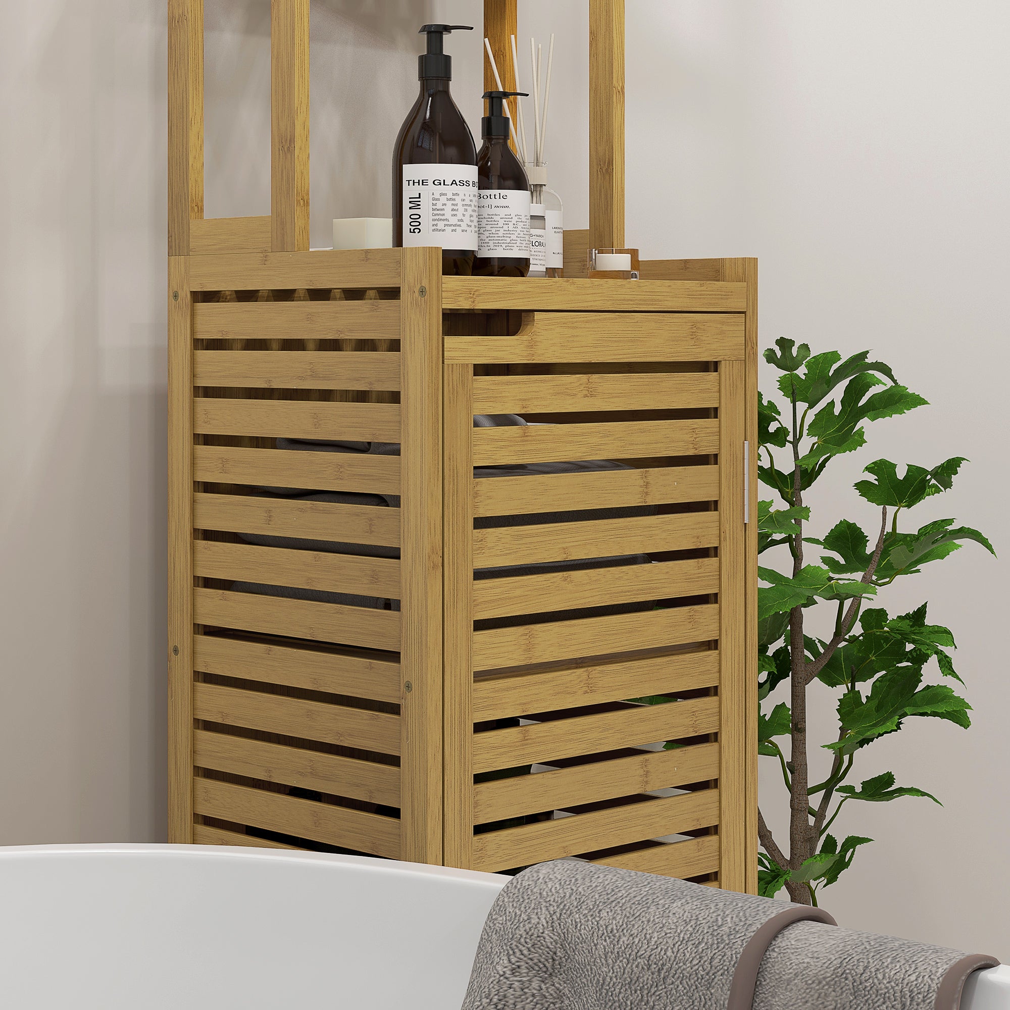 Bathroom Cabinet made of Bamboo, Bathroom Cabinet with Cabinet Compartment, Toilet Cabinet with 3 Open Shelves, Tip-Over Protection, for Bathroom, Natural Wood, 38.5 x 33 x 170 cm