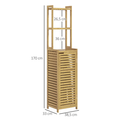 Bathroom Cabinet made of Bamboo, Bathroom Cabinet with Cabinet Compartment, Toilet Cabinet with 3 Open Shelves, Tip-Over Protection, for Bathroom, Natural Wood, 38.5 x 33 x 170 cm