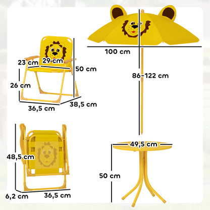 Kids Seating Group with Adjustable Height Sun Umbrella Kids Table with 2 Folding Chairs Children's Seating Set Kids Seating Group Outdoor Garden Furniture for Garden Beach, Yellow