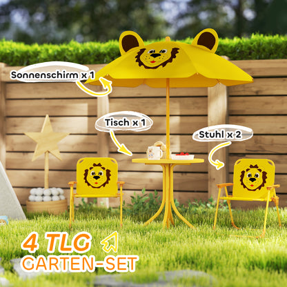 Kids Seating Group with Adjustable Height Sun Umbrella Kids Table with 2 Folding Chairs Children's Seating Set Kids Seating Group Outdoor Garden Furniture for Garden Beach, Yellow
