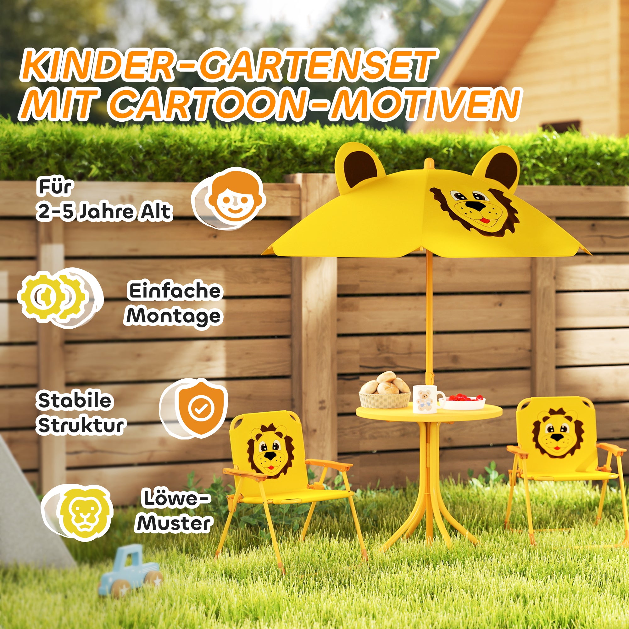 Kids Seating Group with Adjustable Height Sun Umbrella Kids Table with 2 Folding Chairs Children's Seating Set Kids Seating Group Outdoor Garden Furniture for Garden Beach, Yellow