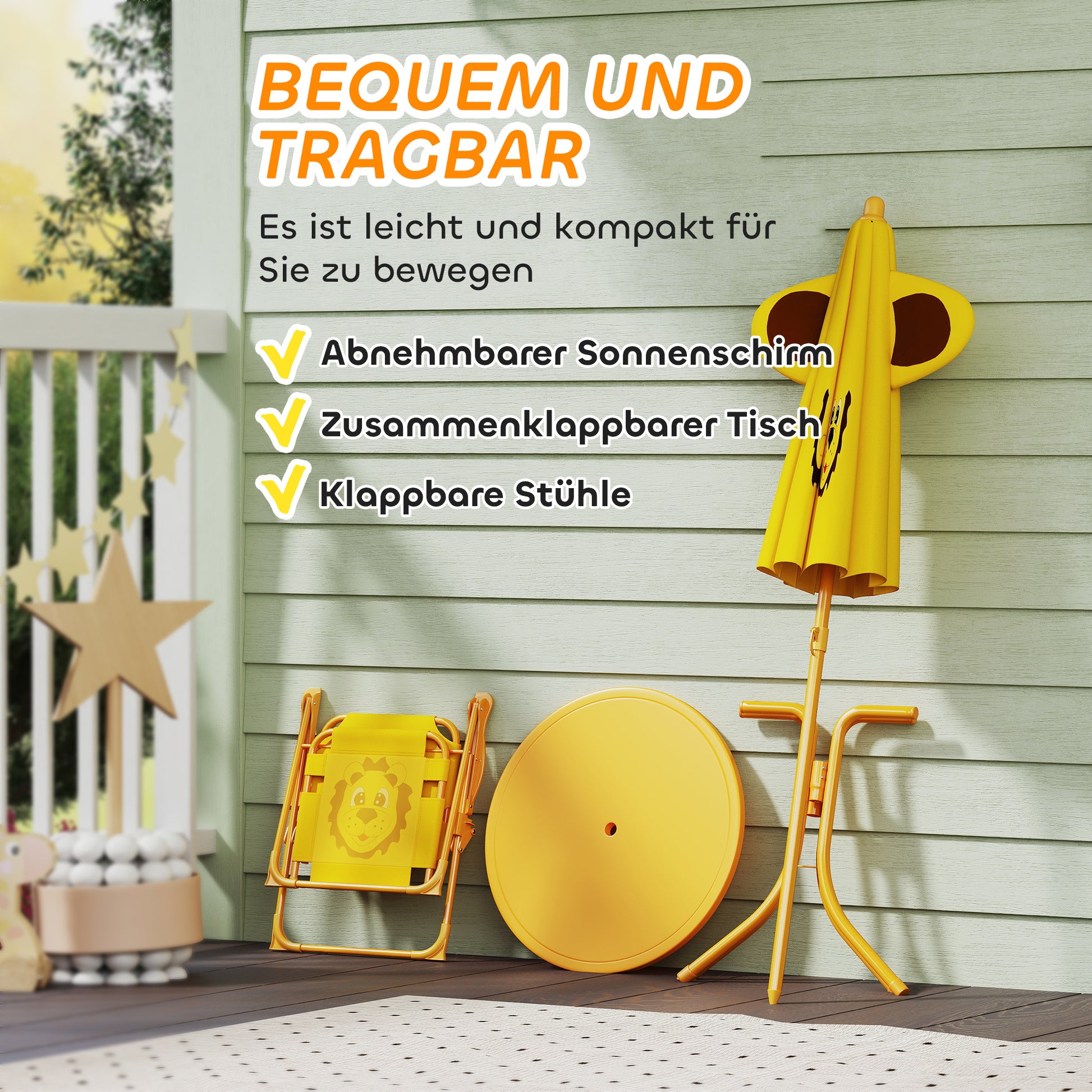 Kids Seating Group with Adjustable Height Sun Umbrella Kids Table with 2 Folding Chairs Children's Seating Set Kids Seating Group Outdoor Garden Furniture for Garden Beach, Yellow