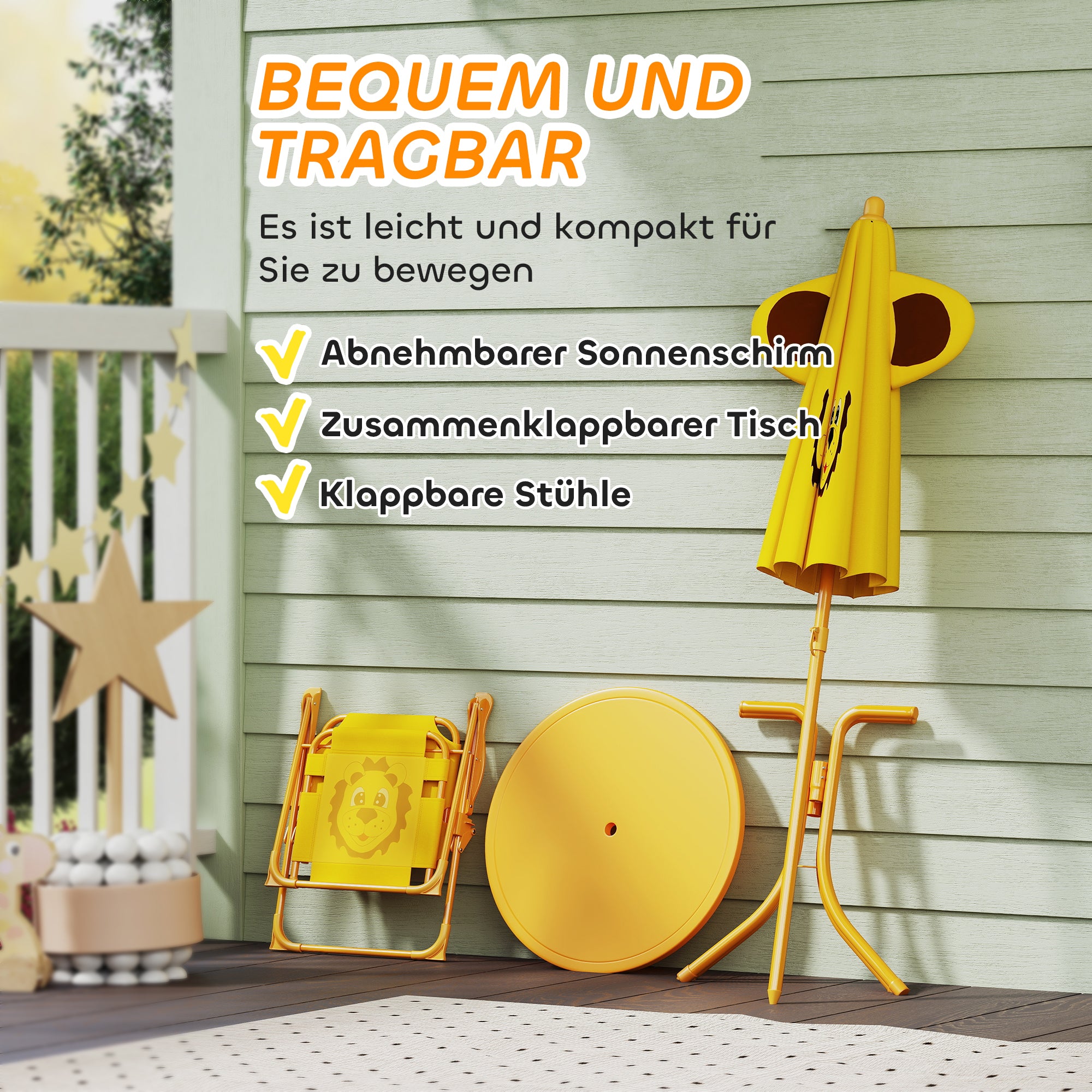 Kids Seating Group with Adjustable Height Sun Umbrella Kids Table with 2 Folding Chairs Children's Seating Set Kids Seating Group Outdoor Garden Furniture for Garden Beach, Yellow