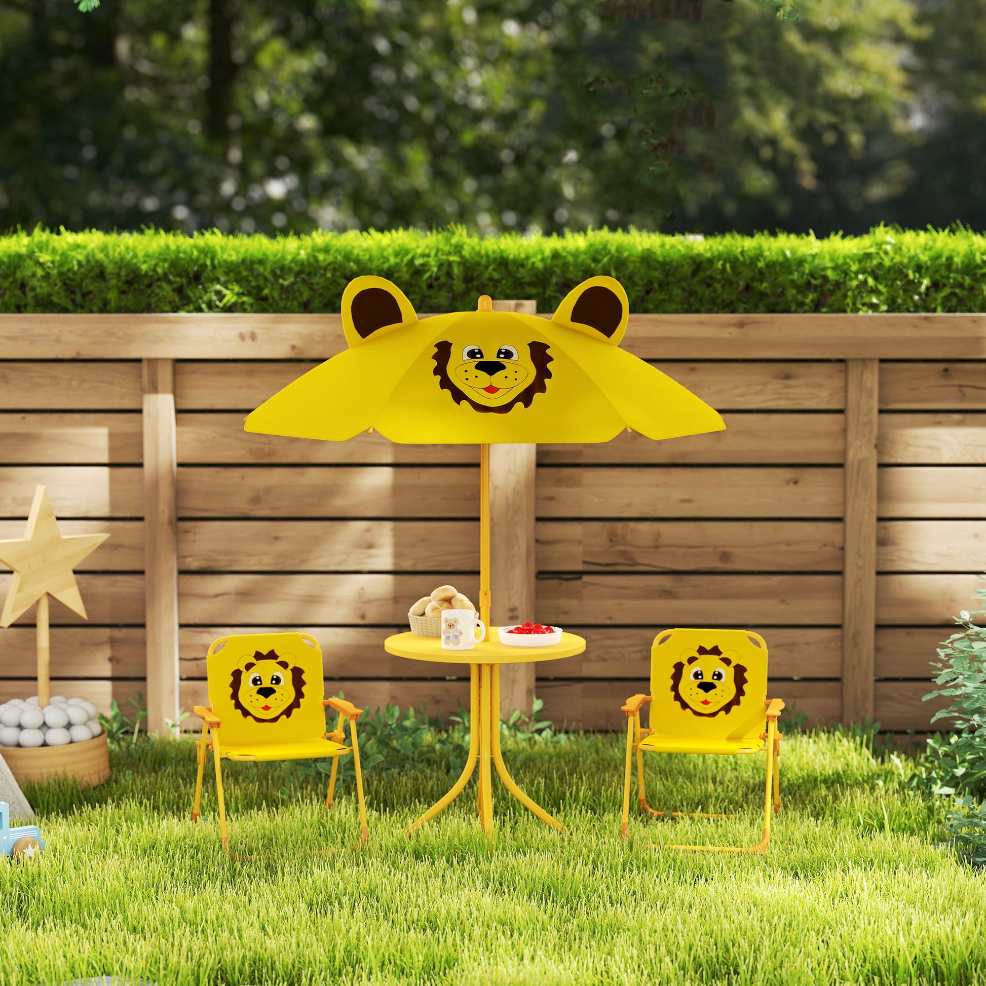 Kids Seating Group with Adjustable Height Sun Umbrella Kids Table with 2 Folding Chairs Children's Seating Set Kids Seating Group Outdoor Garden Furniture for Garden Beach, Yellow