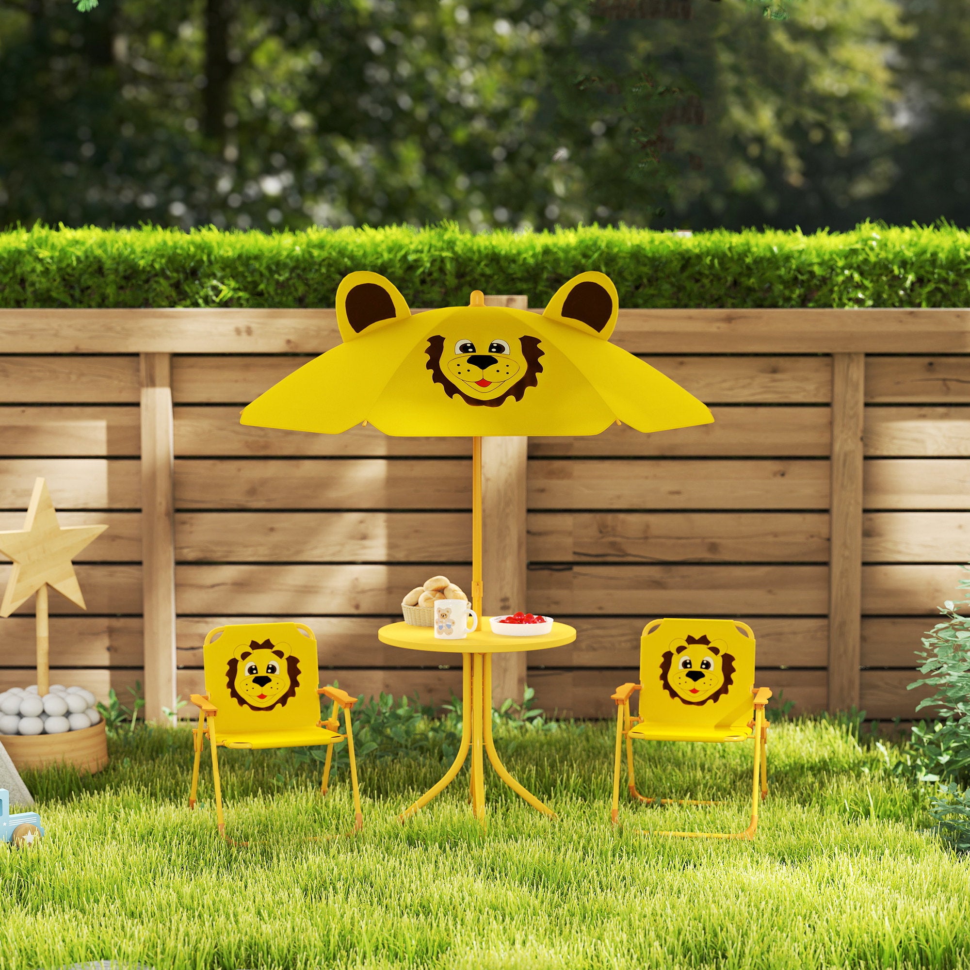 Kids Seating Group with Adjustable Height Sun Umbrella Kids Table with 2 Folding Chairs Children's Seating Set Kids Seating Group Outdoor Garden Furniture for Garden Beach, Yellow