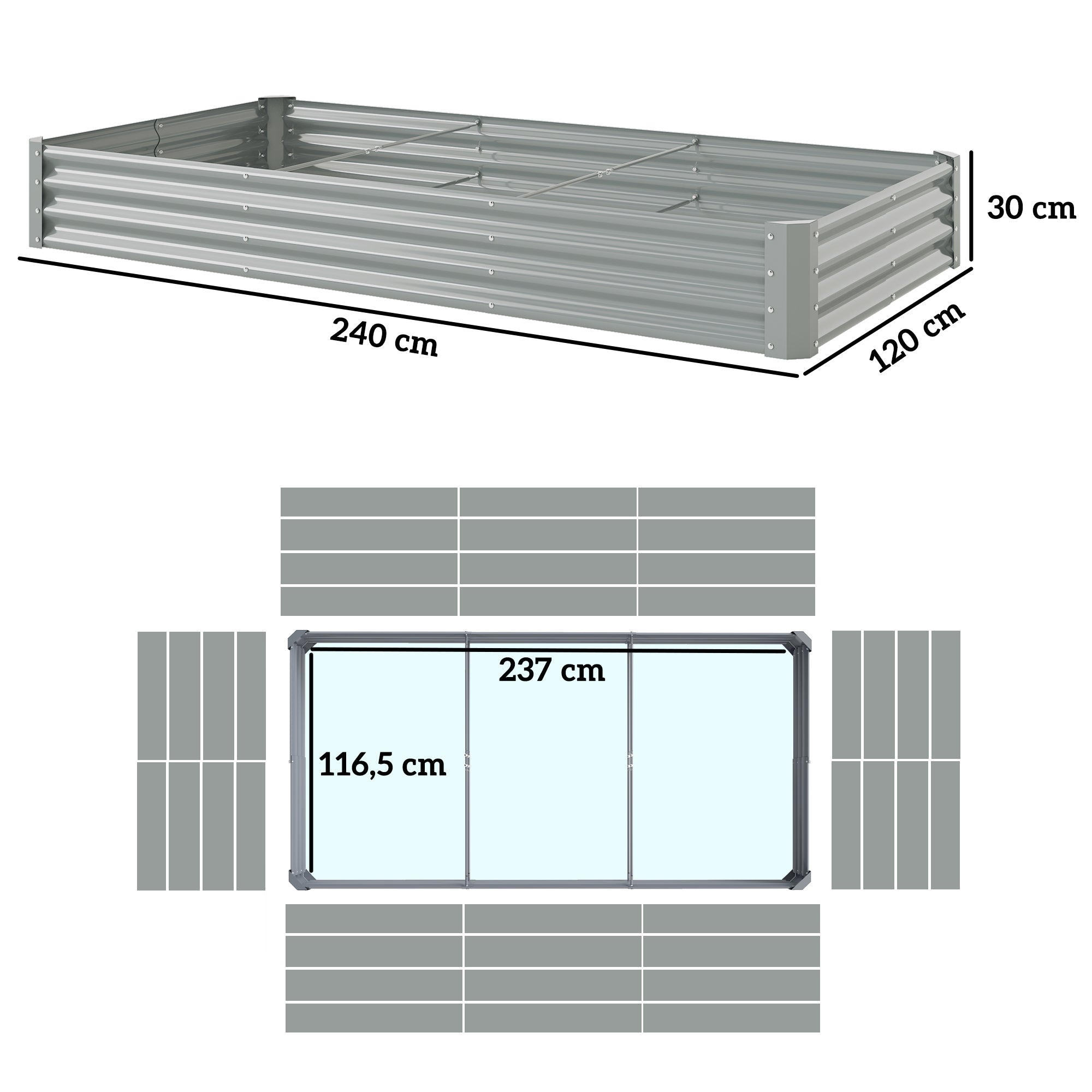 Raised Bed made of Steel, Weather-Resistant Plant Bed with Anti-Cut Edge Greenhouse Garden Bed Rust-Free Planter Planter Box 240 x 120 x 30 cm for Garden Balcony, Vegetable Bed for Flowers, Vegetables