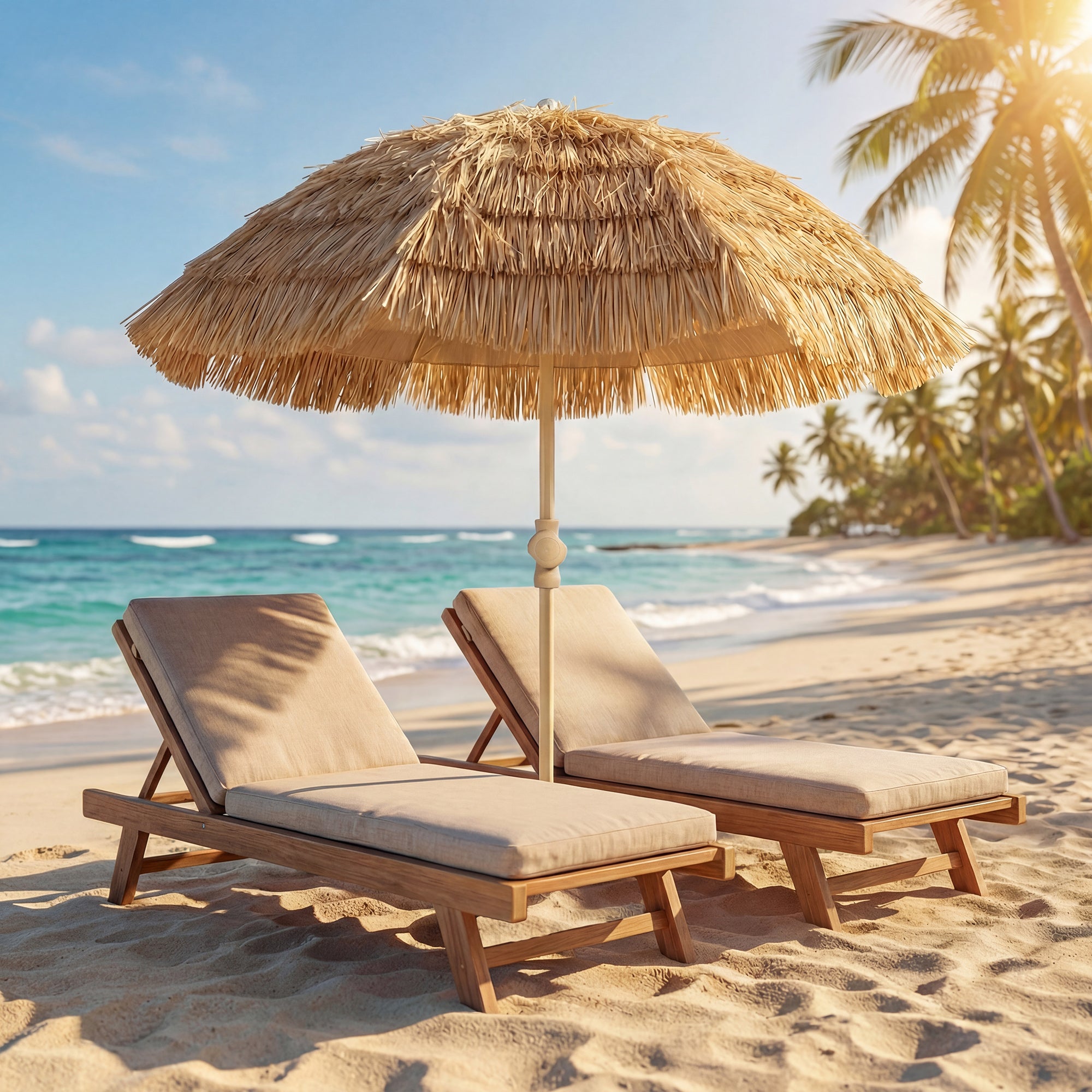 59 in (150 cm) Hula Thatched Tiki Beach & Patio Umbrella with Sand Anchor — Adjustable Height & Tilt, Portable with Carry Bag, Brown