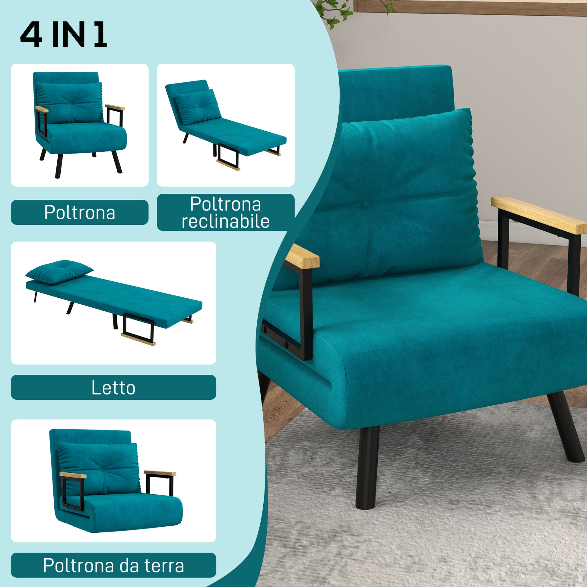 Adjustable Backrest Sofa Bed, Foldable Sofa Bed with Cushions for Living Room, Upholstered Fabric, Steel and Wood, 63x73x81 cm, Dark Blue
