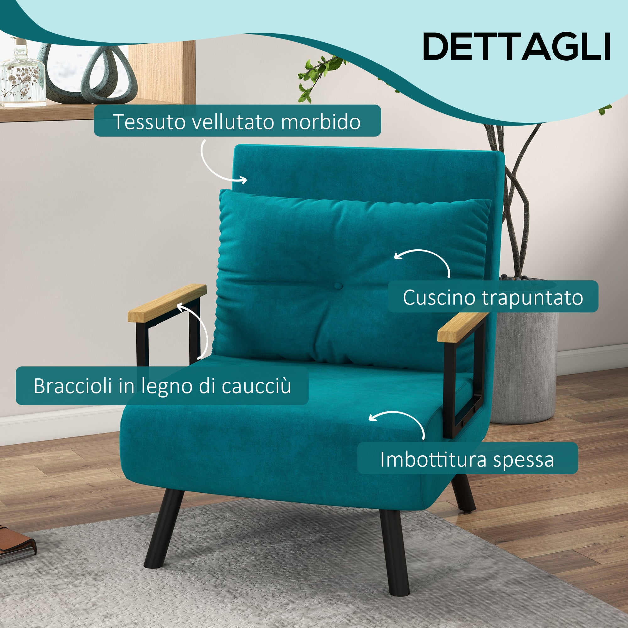 Adjustable Backrest Sofa Bed, Foldable Sofa Bed with Cushions for Living Room, Upholstered Fabric, Steel and Wood, 63x73x81 cm, Dark Blue