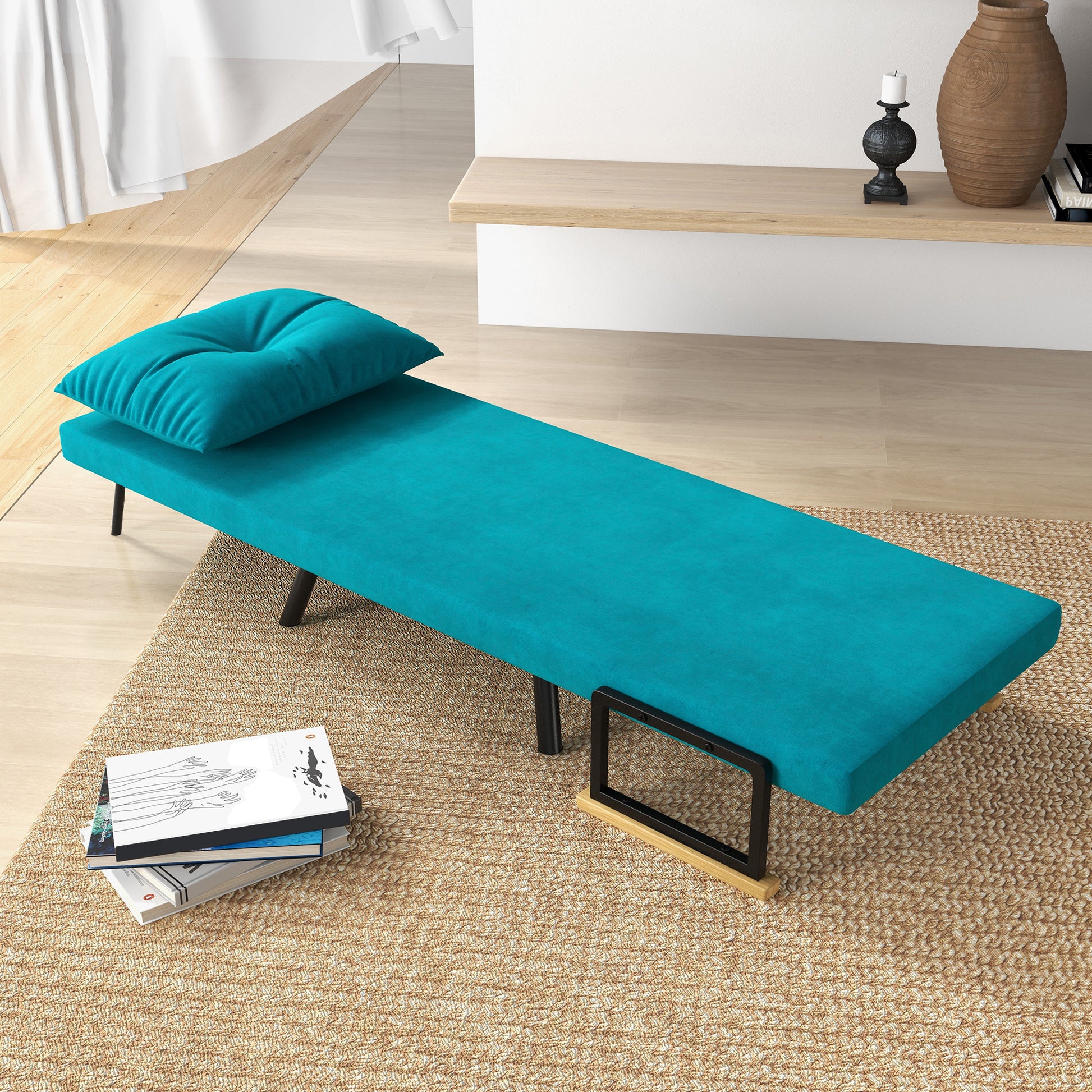 Adjustable Backrest Sofa Bed, Foldable Sofa Bed with Cushions for Living Room, Upholstered Fabric, Steel and Wood, 63x73x81 cm, Dark Blue