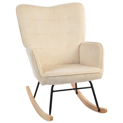 Schaukelstuhl, Schaukelsessel mit Kordoptik, Armlehne, Gepolsterter Sessel mit Holzkufen, Relaxsessel für Wohnzimmer, Schlafzimmer, bis 120kg belastbar, Beige