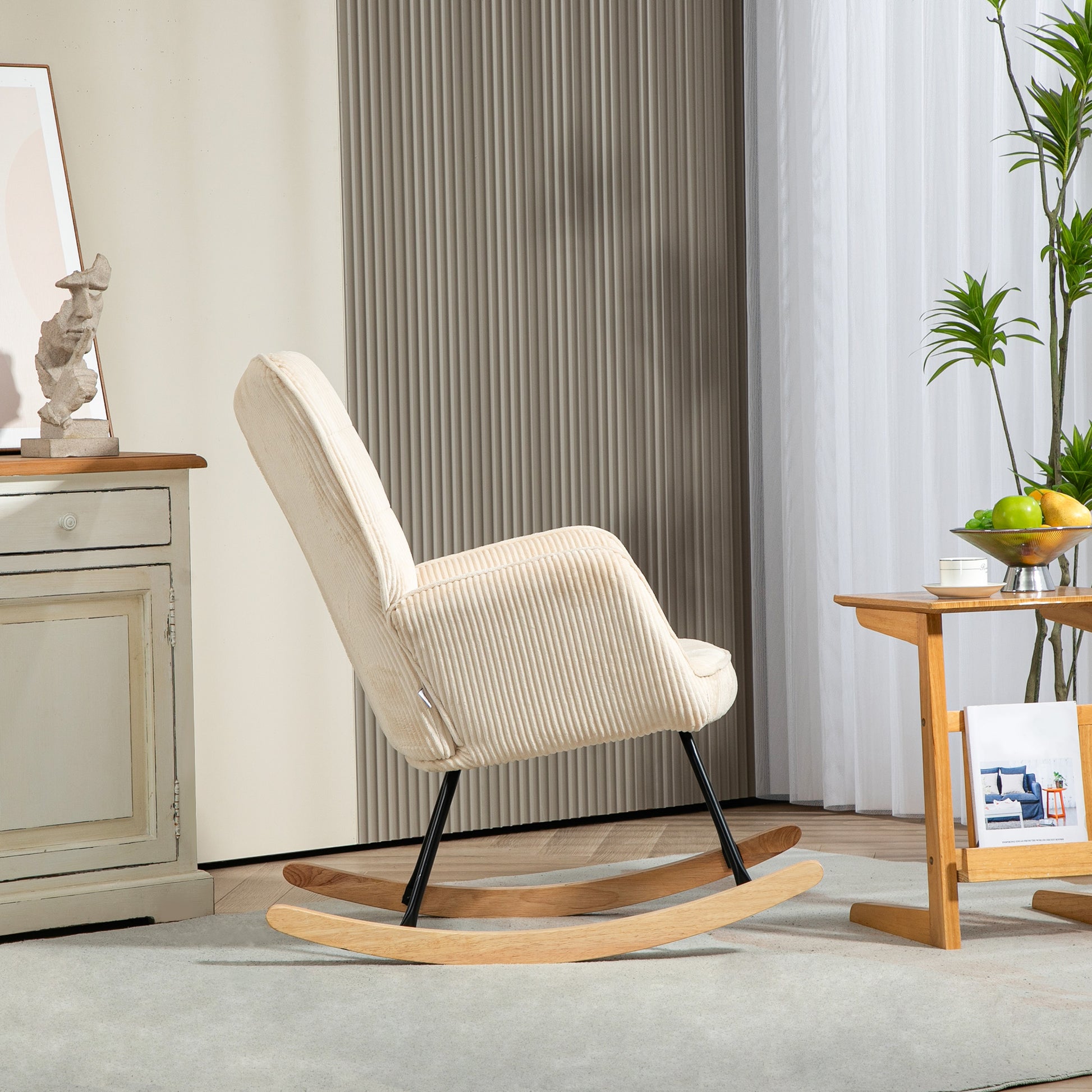 Rocking Chair, Rocking Armchair with Cord Optic, Armrest, Padded Chair with Wooden Rockers, Relax Armchair for Living Room, Bedroom, up to 120kg Load Capacity, Beige