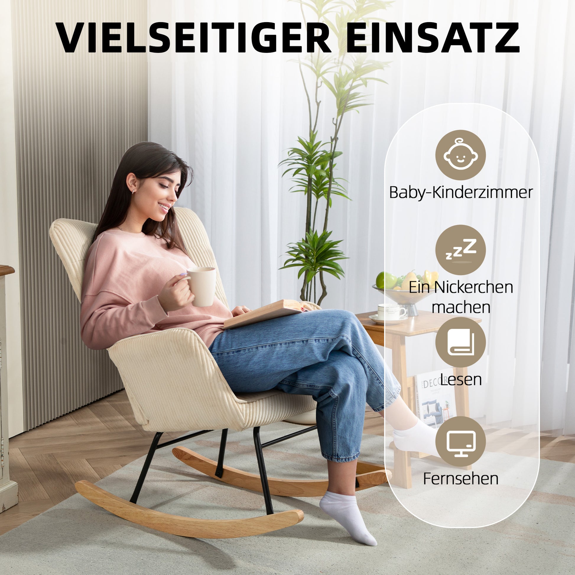 Rocking Chair, Rocking Armchair with Cord Optic, Armrest, Padded Chair with Wooden Rockers, Relax Armchair for Living Room, Bedroom, up to 120kg Load Capacity, Beige