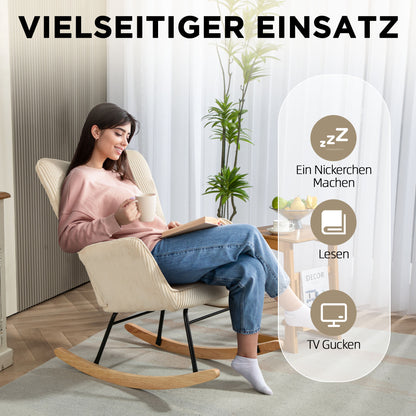 Schaukelstuhl, Schaukelsessel mit Kordoptik, Armlehne, Gepolsterter Sessel mit Holzkufen, Relaxsessel für Wohnzimmer, Schlafzimmer, bis 120kg belastbar, Beige