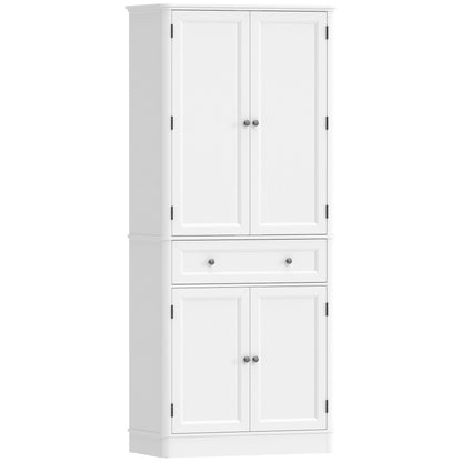 73.4" Tall Kitchen Pantry Cabinet, 4-Door Buffet with Drawer & Adjustable Shelves, White - 31.5 x 15.6 x 73.4 in (80 x 39.5 x 186.4 cm)