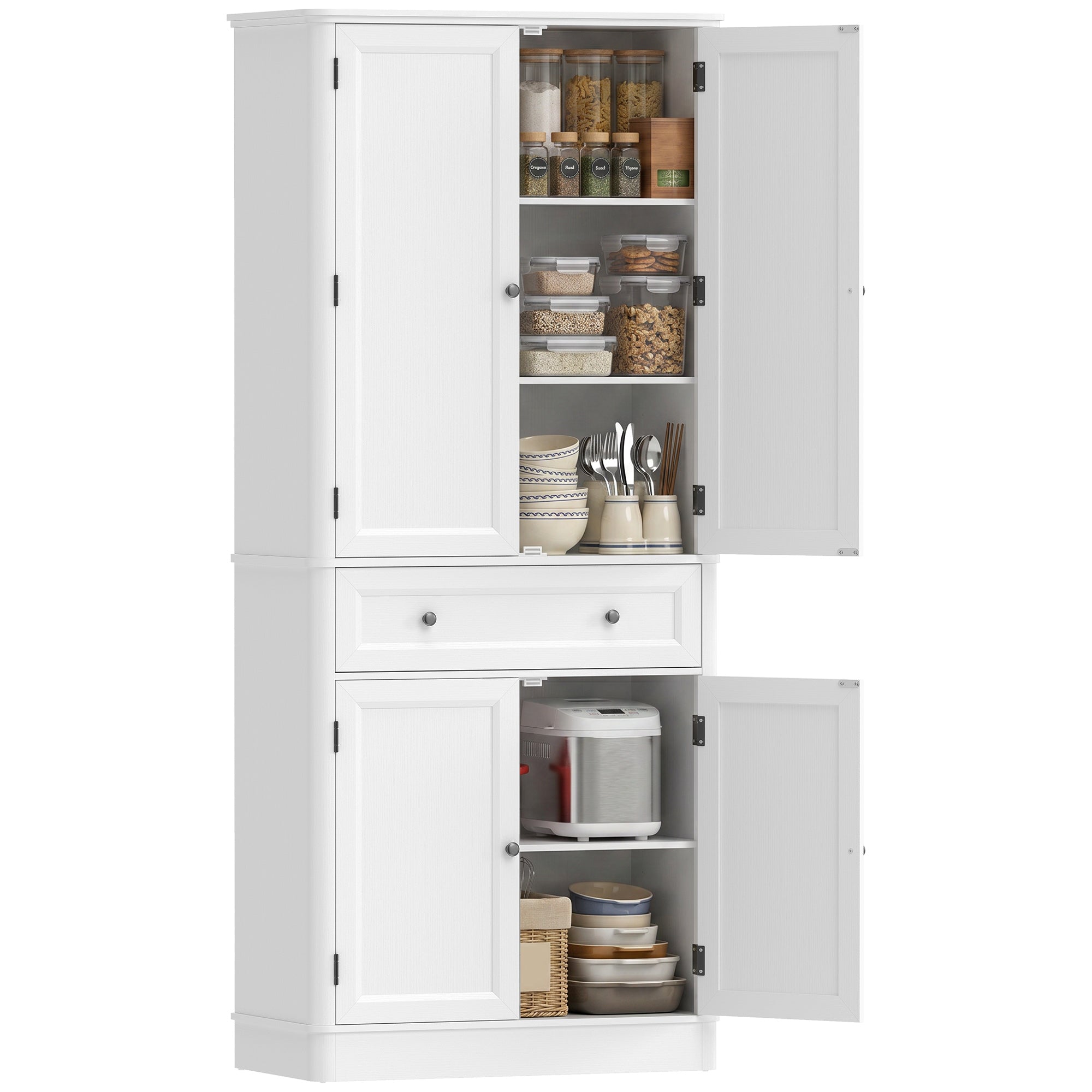 73.4" Tall Kitchen Pantry Cabinet, 4-Door Buffet with Drawer & Adjustable Shelves, White - 31.5 x 15.6 x 73.4 in (80 x 39.5 x 186.4 cm)