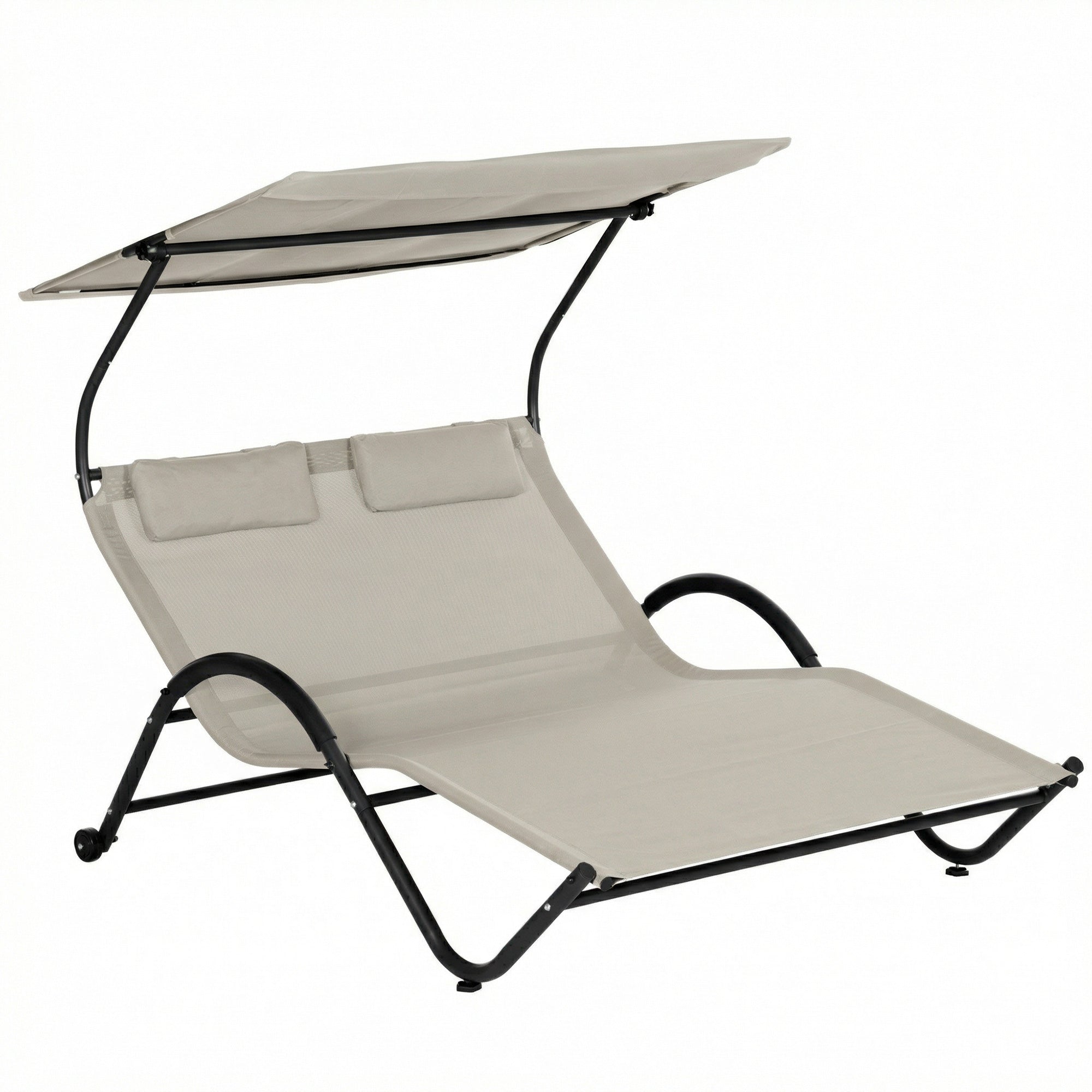 2-Person Sun Lounger with Adjustable Canopy, Headrests & Wheels — Steel/Polyester, Cream — 200 x 137 x 138 cm (78.7 x 53.9 x 54.3 in)
