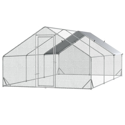 Chicken Coop Chicken Run Made of Steel, 300 x 600 x 200 cm Chicken Cage with Cover, Door, Chicken Run for 12-18 Chickens, Small Animals, Silver
