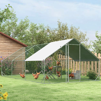 Chicken Coop Chicken Run Made of Steel, 300 x 600 x 200 cm Chicken Cage with Cover, Door, Chicken Run for 12-18 Chickens, Small Animals, Silver