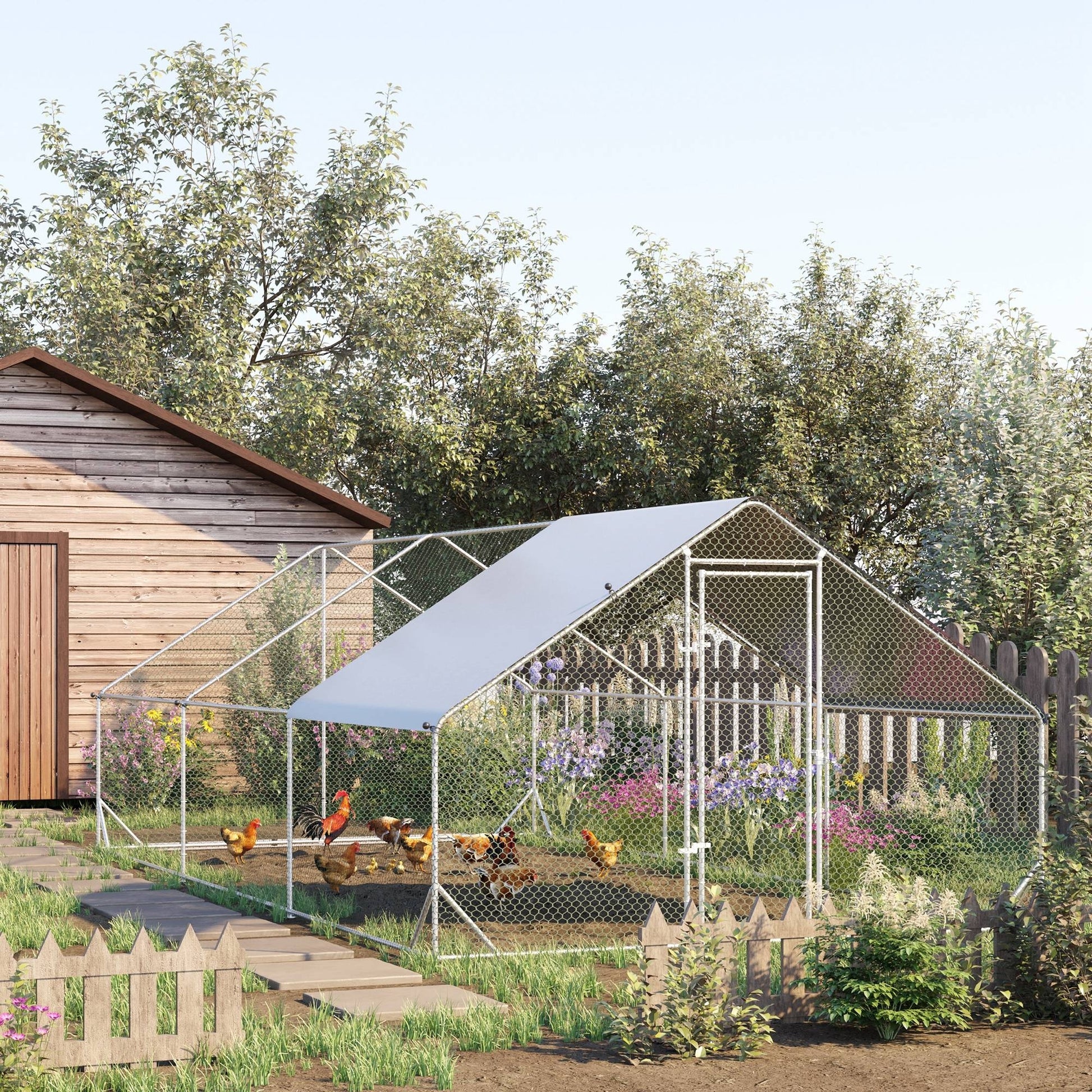 Chicken Coop Chicken Run Made of Steel, 300 x 600 x 200 cm Chicken Cage with Cover, Door, Chicken Run for 12-18 Chickens, Small Animals, Silver