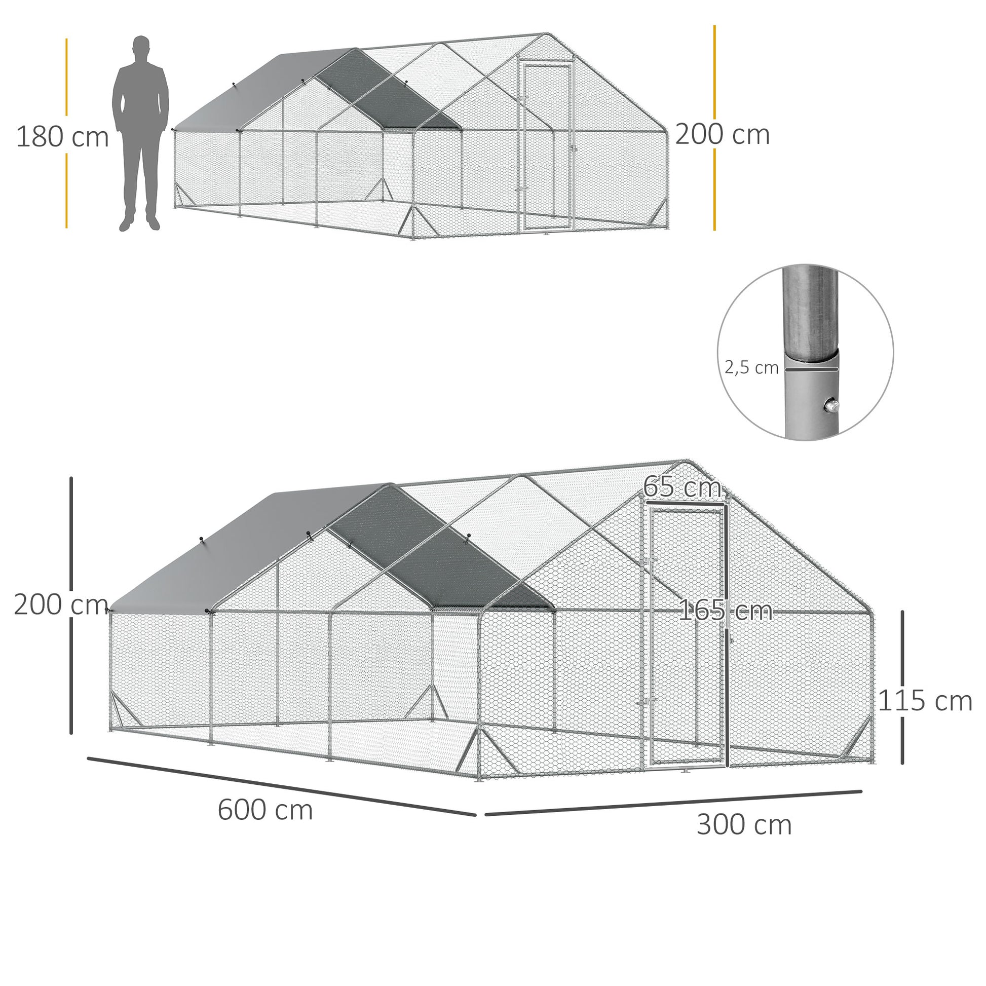 Chicken Coop Chicken Run Made of Steel, 300 x 600 x 200 cm Chicken Cage with Cover, Door, Chicken Run for 12-18 Chickens, Small Animals, Silver