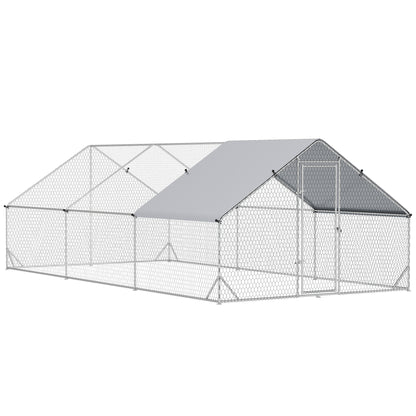 Chicken Coop Chicken Run Made of Steel, 300 x 600 x 200 cm Chicken Cage with Cover, Door, Chicken Run for 12-18 Chickens, Small Animals, Silver
