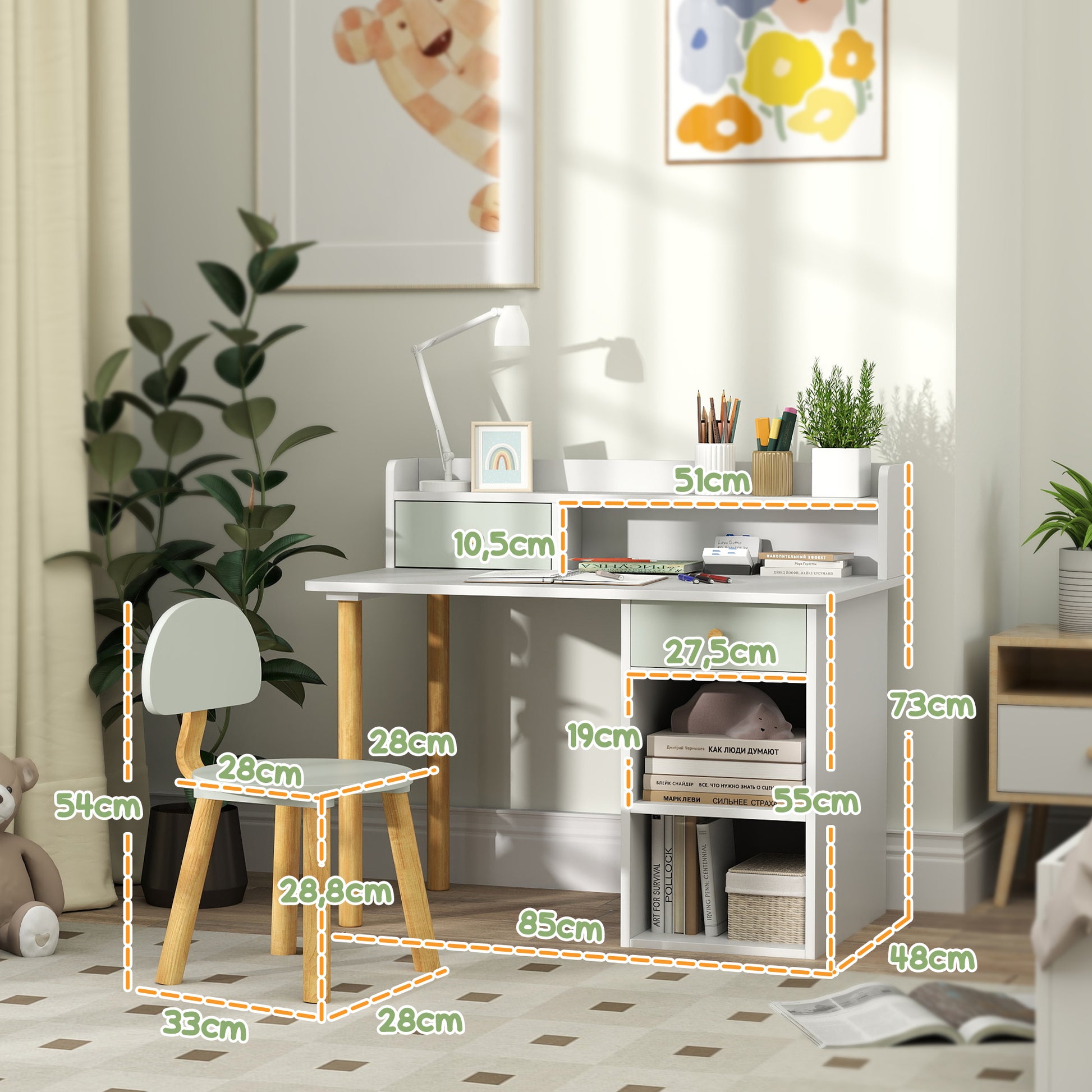Children's Desk and Chair Set for +3 Years Old Kids Study Desk with Drawers Compartment and Shelves for Bedroom Playroom Light Green and White