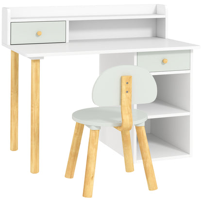 Children's Desk and Chair Set for +3 Years Old Kids Study Desk with Drawers Compartment and Shelves for Bedroom Playroom Light Green and White