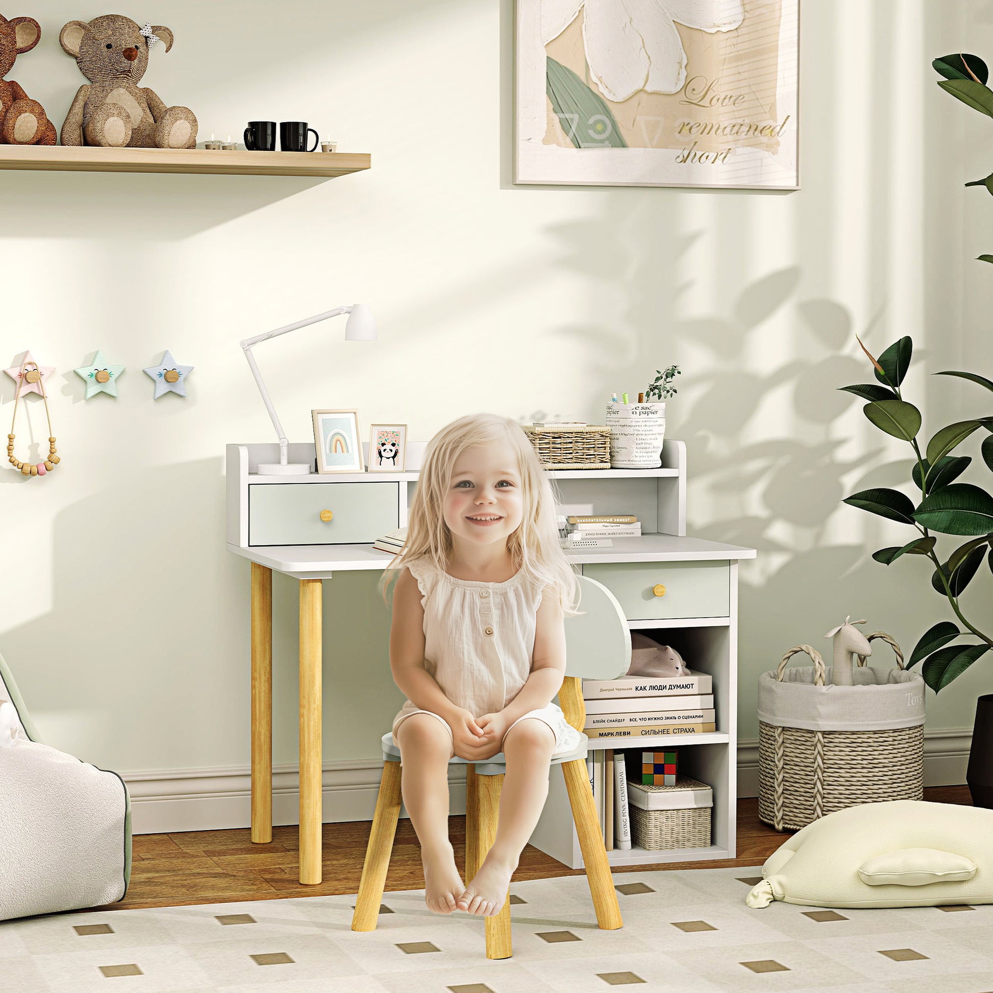 Children's Desk and Chair Set for +3 Years Old Kids Study Desk with Drawers Compartment and Shelves for Bedroom Playroom Light Green and White