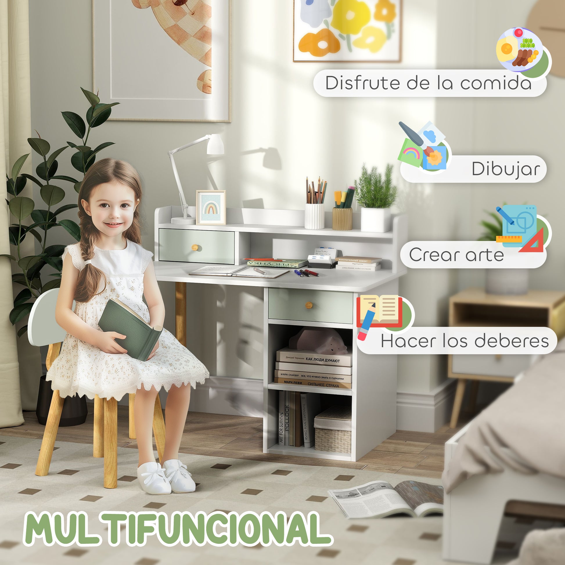 Children's Desk and Chair Set for +3 Years Old Kids Study Desk with Drawers Compartment and Shelves for Bedroom Playroom Light Green and White