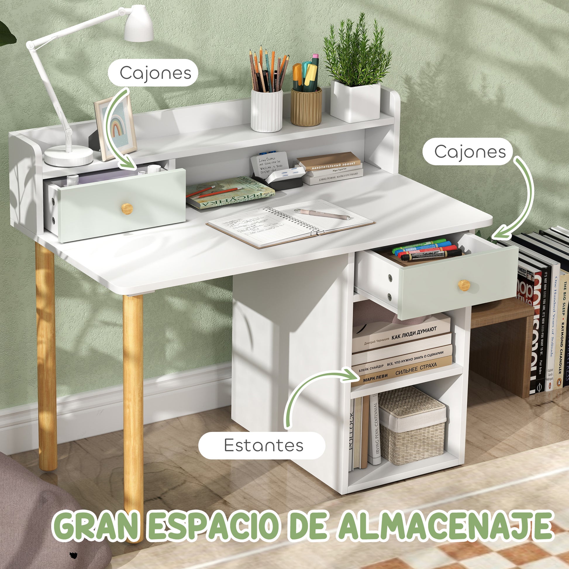 Children's Desk and Chair Set for +3 Years Old Kids Study Desk with Drawers Compartment and Shelves for Bedroom Playroom Light Green and White