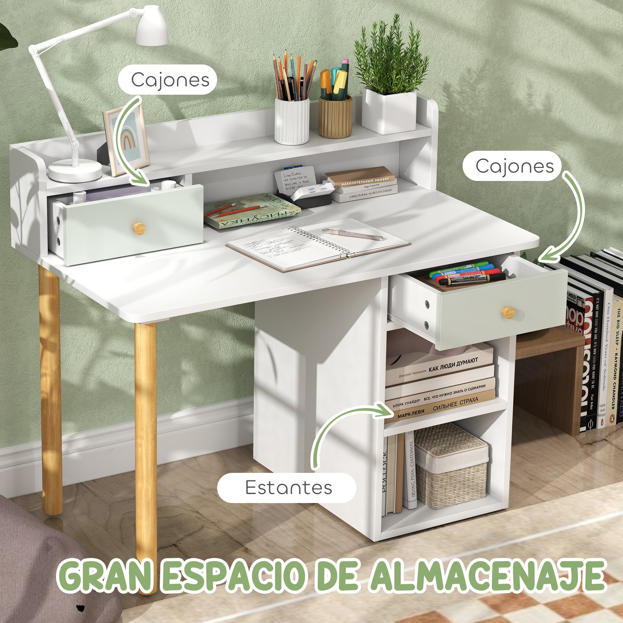 Children's Desk and Chair Set for +3 Years Old Kids Study Desk with Drawers Compartment and Shelves for Bedroom Playroom Light Green and White