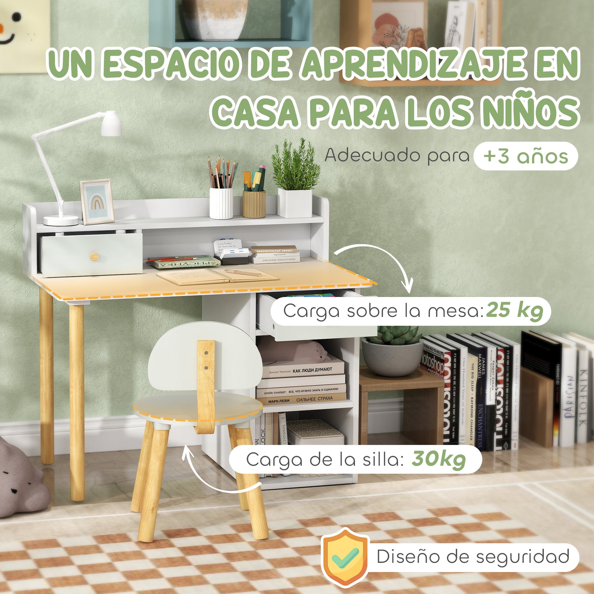 Children's Desk and Chair Set for +3 Years Old Kids Study Desk with Drawers Compartment and Shelves for Bedroom Playroom Light Green and White