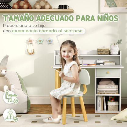 Children's Desk and Chair Set for +3 Years Old Kids Study Desk with Drawers Compartment and Shelves for Bedroom Playroom Light Green and White