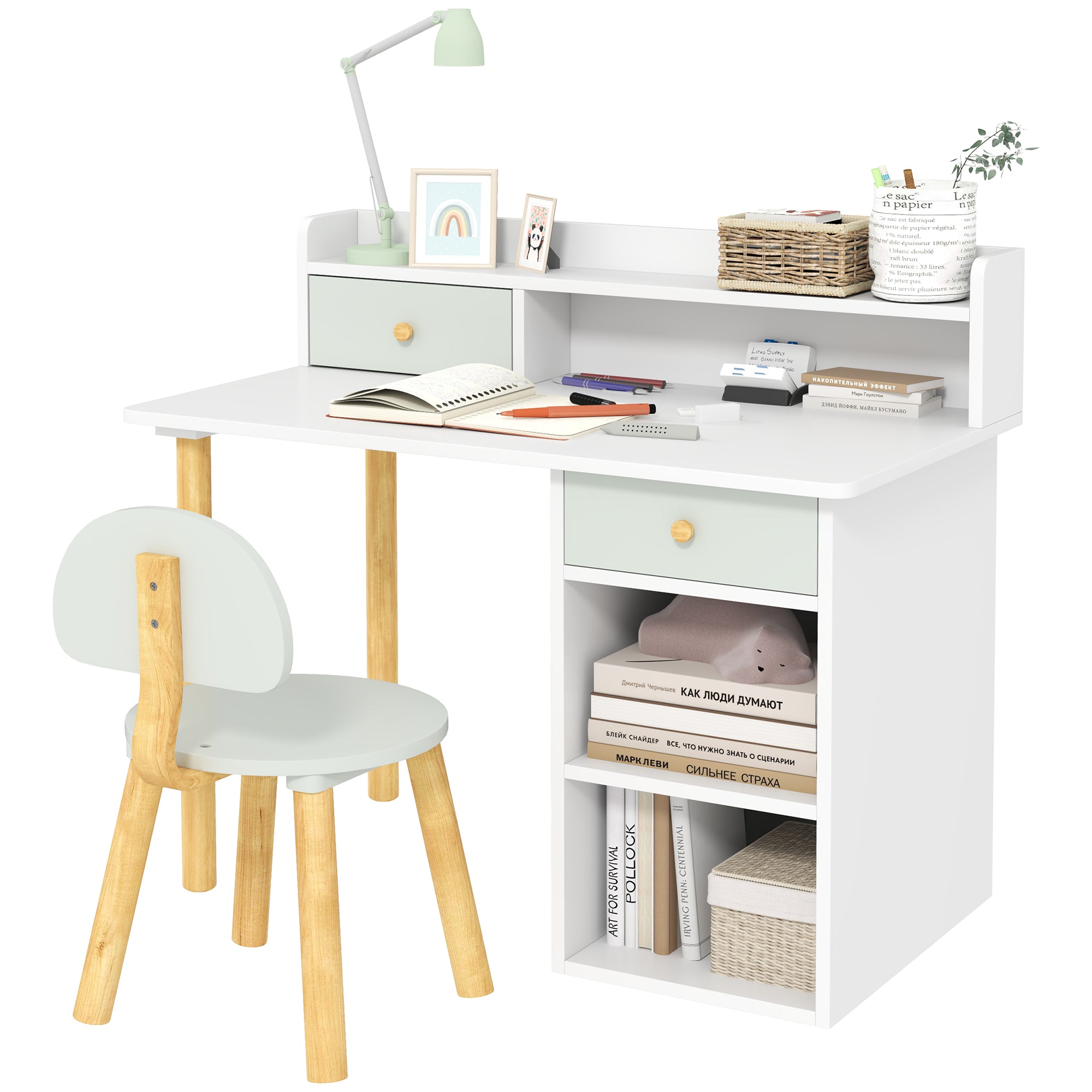 Children's Desk and Chair Set for +3 Years Old Kids Study Desk with Drawers Compartment and Shelves for Bedroom Playroom Light Green and White