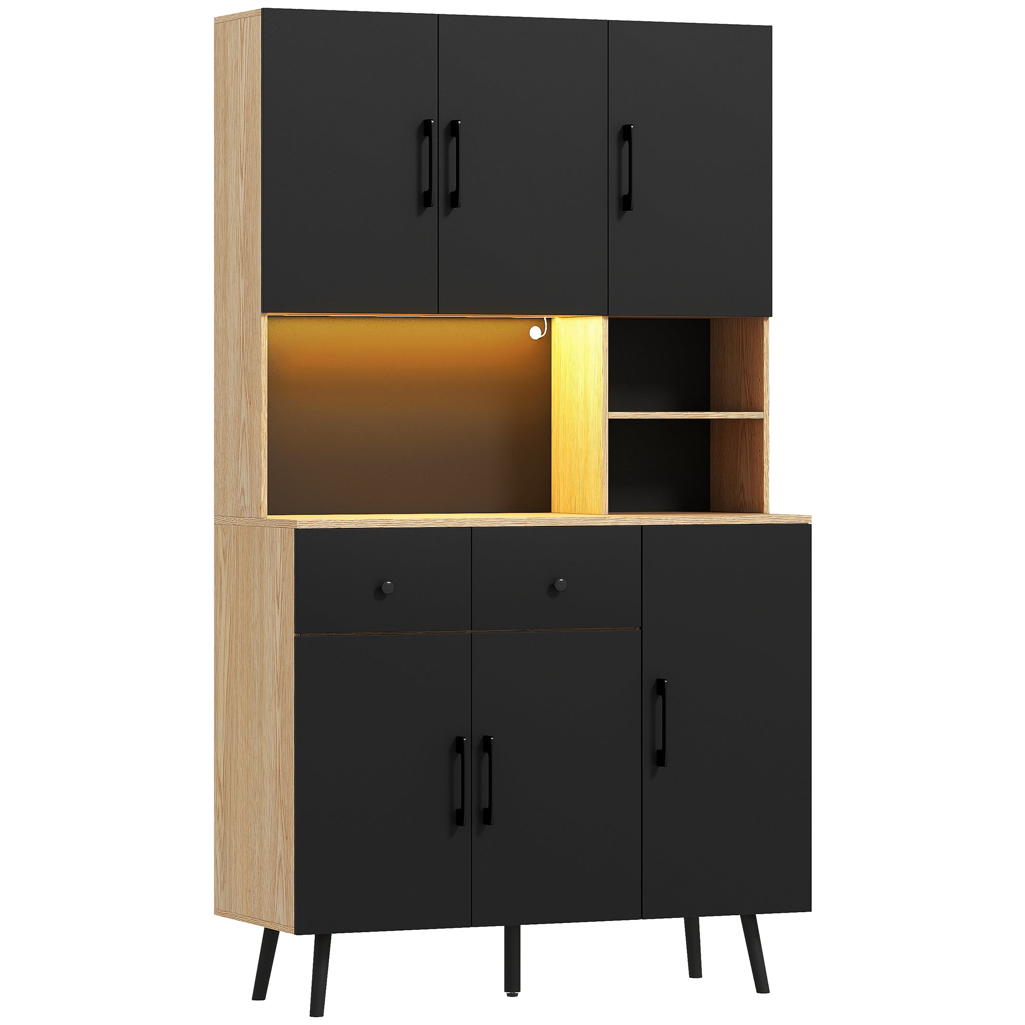 High Kitchen Pantry with RGB LED Lights Controllable by APP Kitchen Auxiliary Furniture with 6 Doors 2 Drawers Countertop Adjustable Shelves and Cable Hole Black and Oak 100x40x176 cm