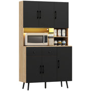 High Kitchen Pantry with RGB LED Lights Controllable by APP Kitchen Auxiliary Furniture with 6 Doors 2 Drawers Countertop Adjustable Shelves and Cable Hole Black and Oak 100x40x176 cm