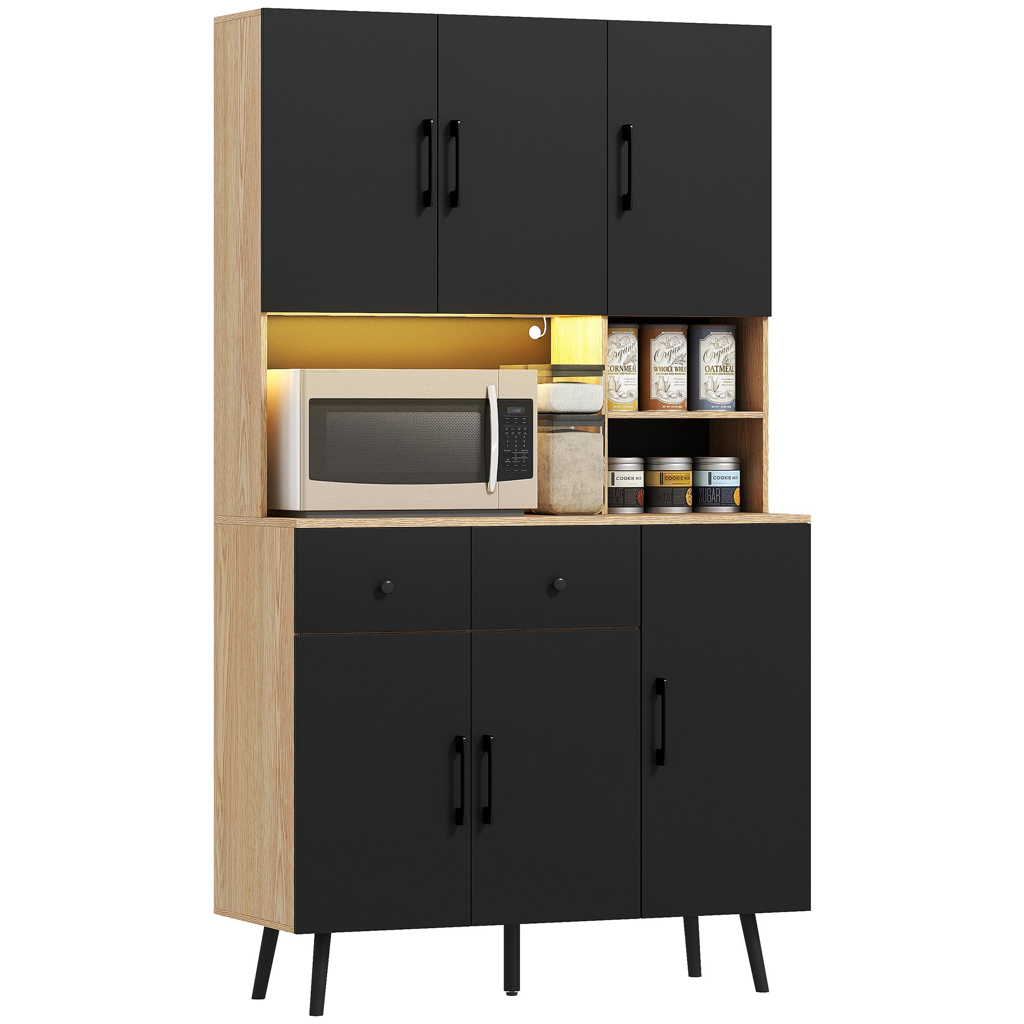 High Kitchen Pantry with RGB LED Lights Controllable by APP Kitchen Auxiliary Furniture with 6 Doors 2 Drawers Countertop Adjustable Shelves and Cable Hole Black and Oak 100x40x176 cm