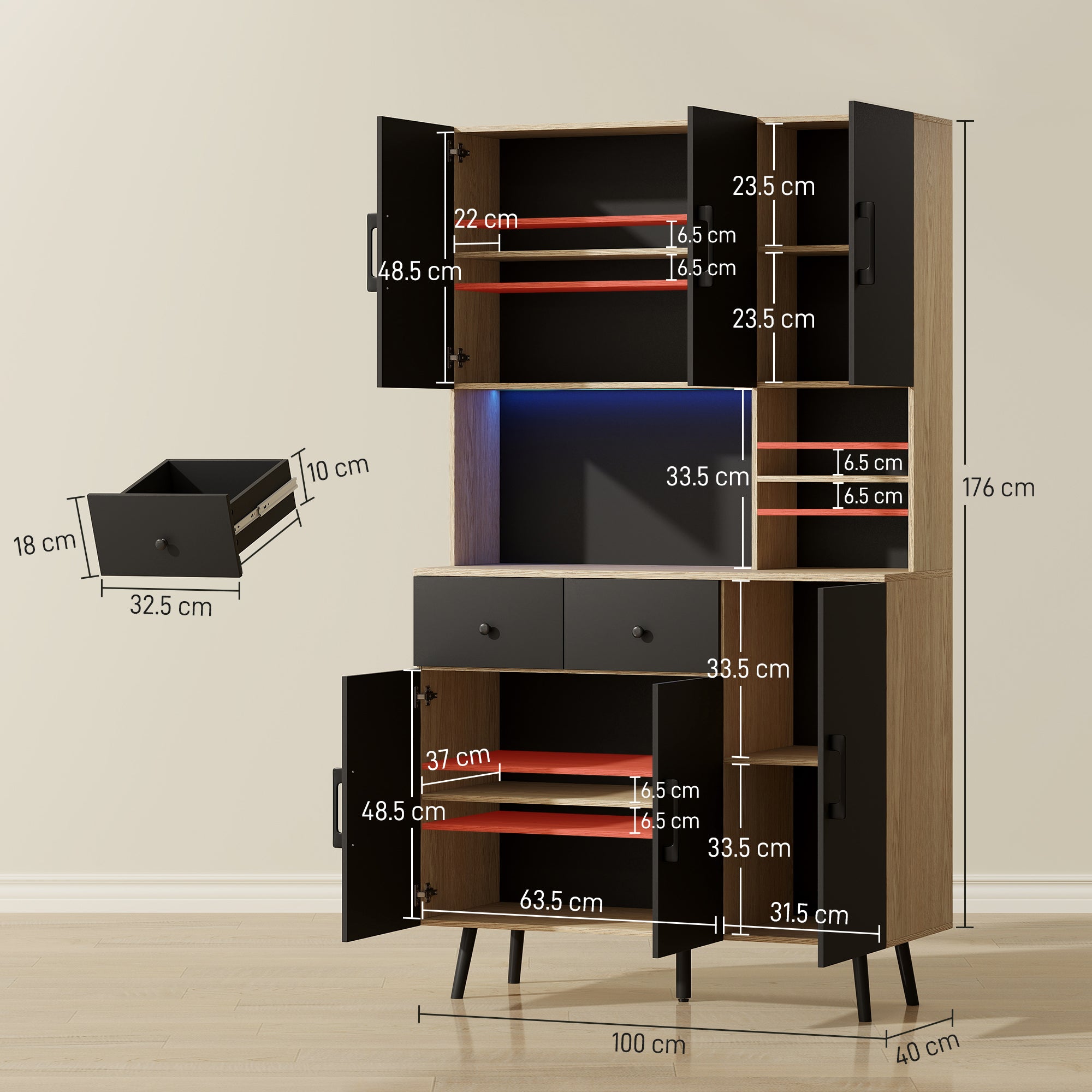 High Kitchen Pantry with RGB LED Lights Controllable by APP Kitchen Auxiliary Furniture with 6 Doors 2 Drawers Countertop Adjustable Shelves and Cable Hole Black and Oak 100x40x176 cm