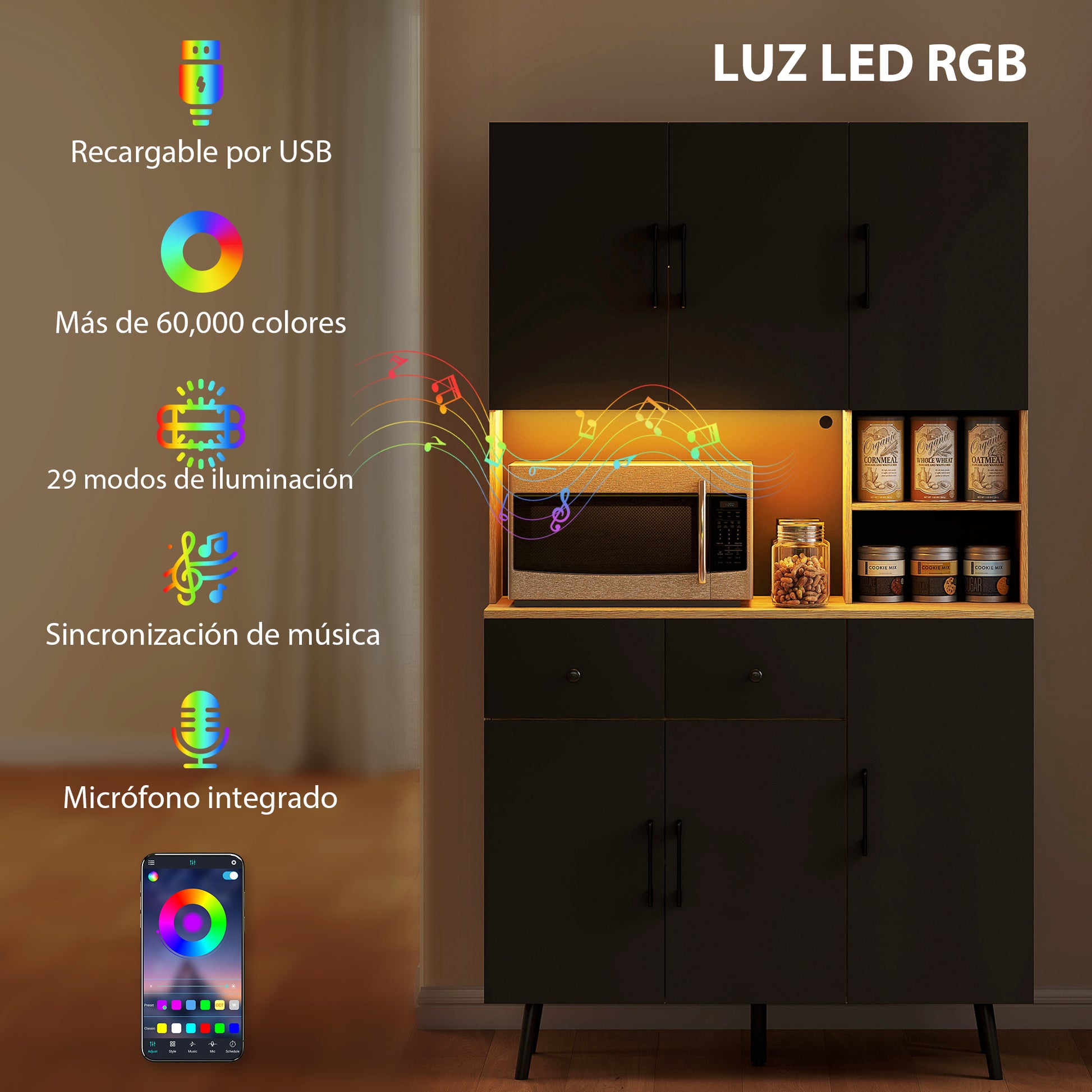 High Kitchen Pantry with RGB LED Lights Controllable by APP Kitchen Auxiliary Furniture with 6 Doors 2 Drawers Countertop Adjustable Shelves and Cable Hole Black and Oak 100x40x176 cm