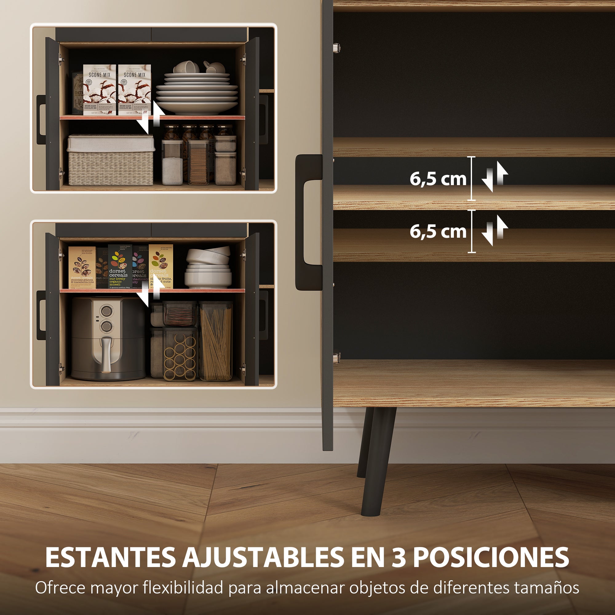 High Kitchen Pantry with RGB LED Lights Controllable by APP Kitchen Auxiliary Furniture with 6 Doors 2 Drawers Countertop Adjustable Shelves and Cable Hole Black and Oak 100x40x176 cm