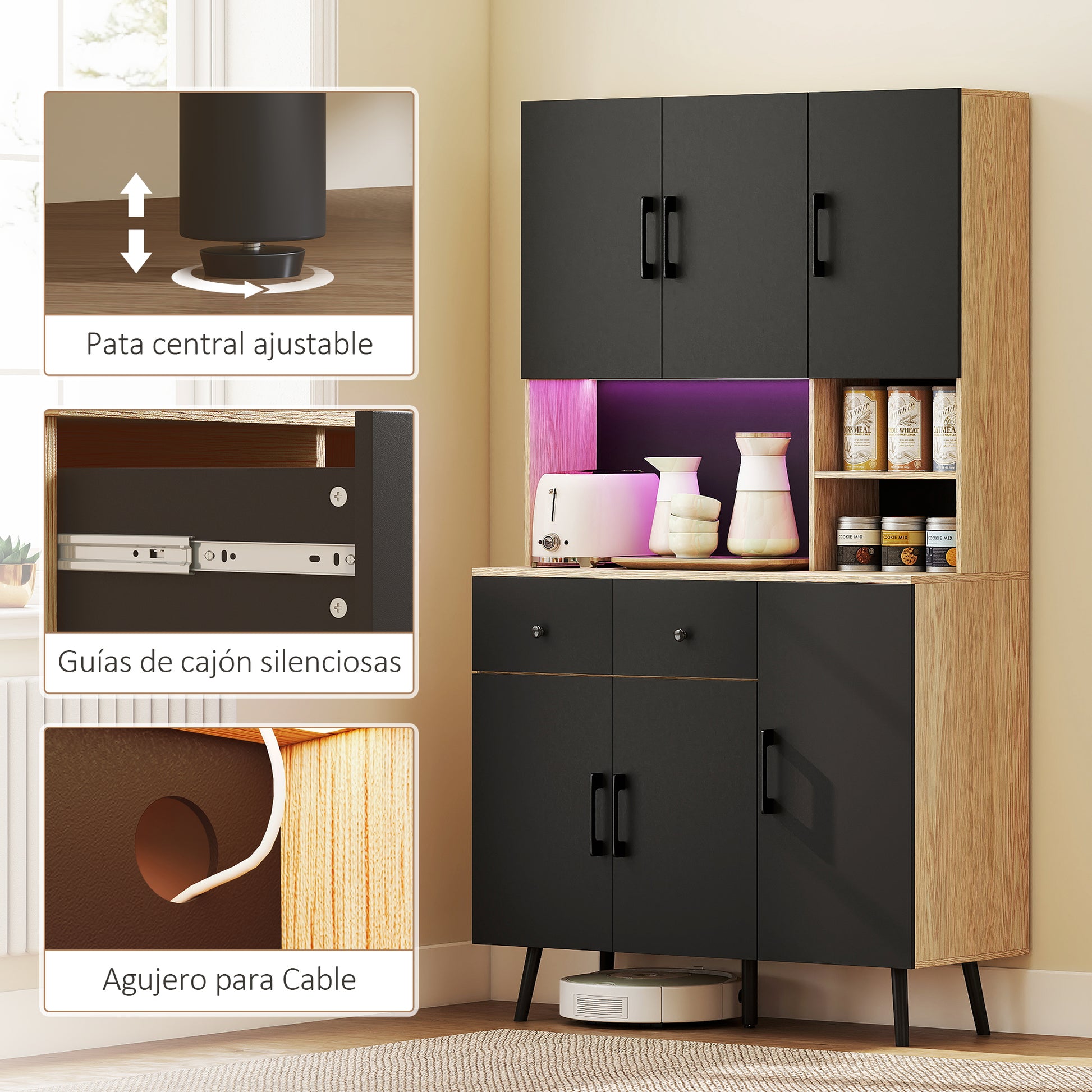 High Kitchen Pantry with RGB LED Lights Controllable by APP Kitchen Auxiliary Furniture with 6 Doors 2 Drawers Countertop Adjustable Shelves and Cable Hole Black and Oak 100x40x176 cm