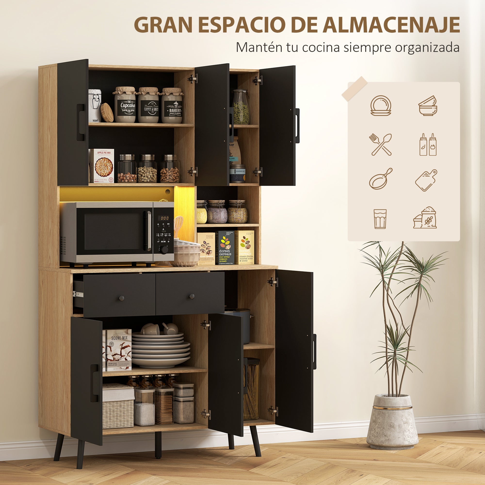 High Kitchen Pantry with RGB LED Lights Controllable by APP Kitchen Auxiliary Furniture with 6 Doors 2 Drawers Countertop Adjustable Shelves and Cable Hole Black and Oak 100x40x176 cm