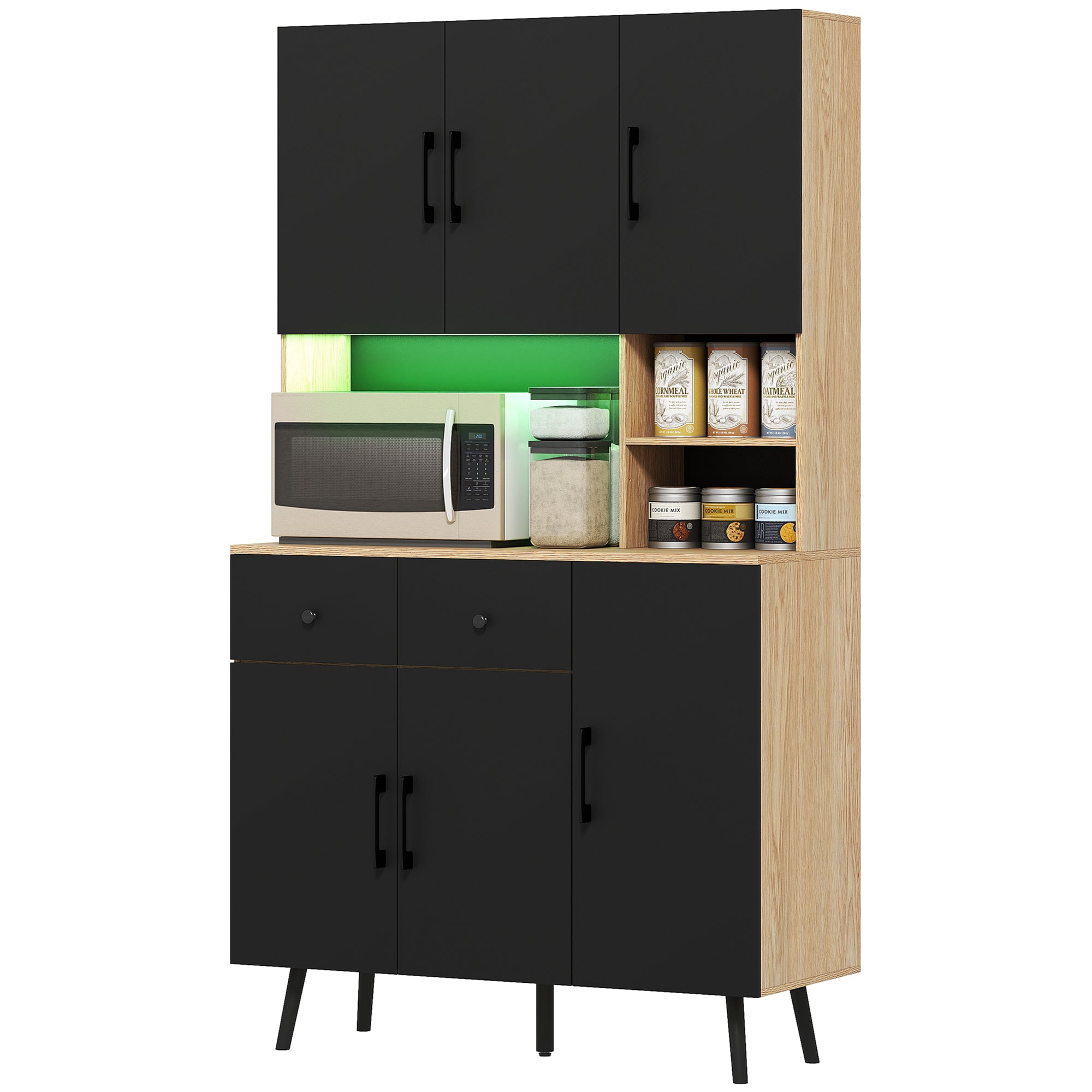 High Kitchen Pantry with RGB LED Lights Controllable by APP Kitchen Auxiliary Furniture with 6 Doors 2 Drawers Countertop Adjustable Shelves and Cable Hole Black and Oak 100x40x176 cm